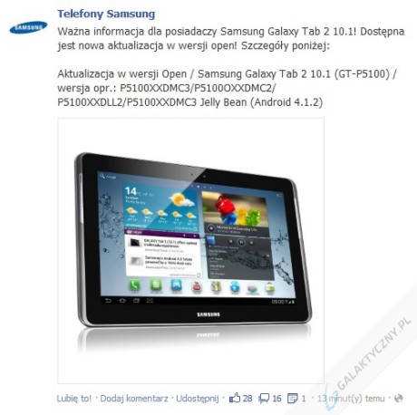 Aktualizacja do Jelly Bean tabletu Samsung Galaxy Tab 2 10.1 GT-P5100 [źródło: Samsung]