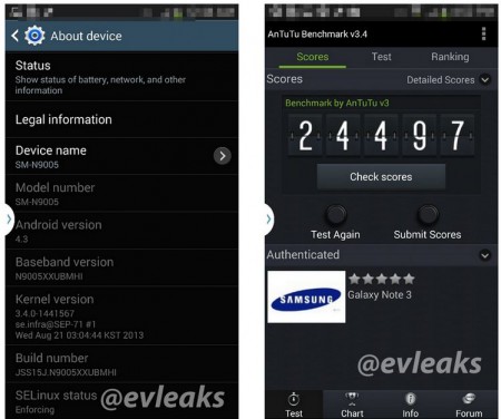 Galaxy Note III - Info & AnTuTu [źródło: evleaks]