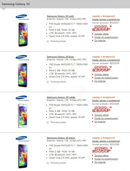 Cena Samsunga Galaxy S 5 [źródło: Redcoon]