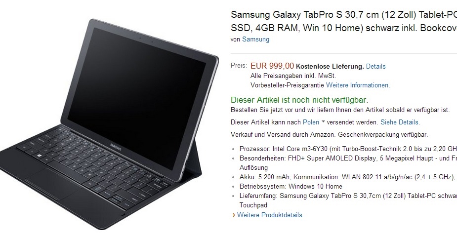 Samsung Galaxy TabPro S w Amazon.de / fot. Amazon