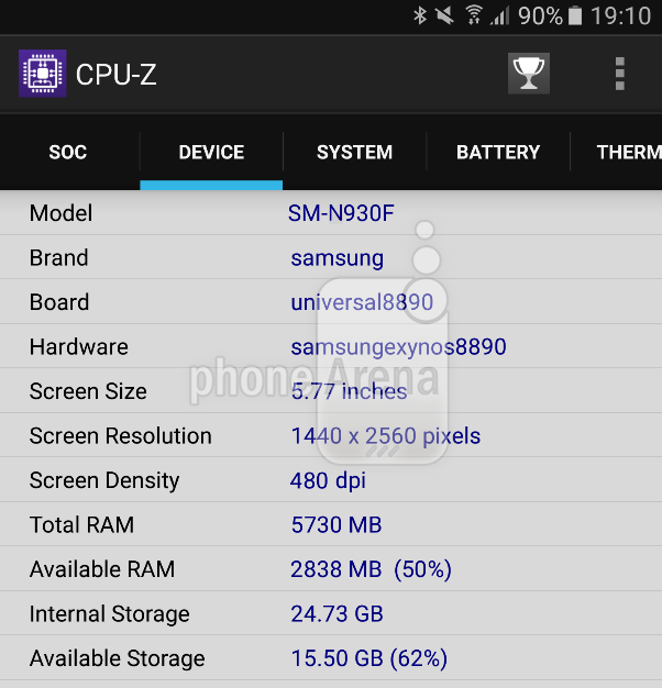 Galaxy Note 6 w CPU-Z / fot. PhoneArena
