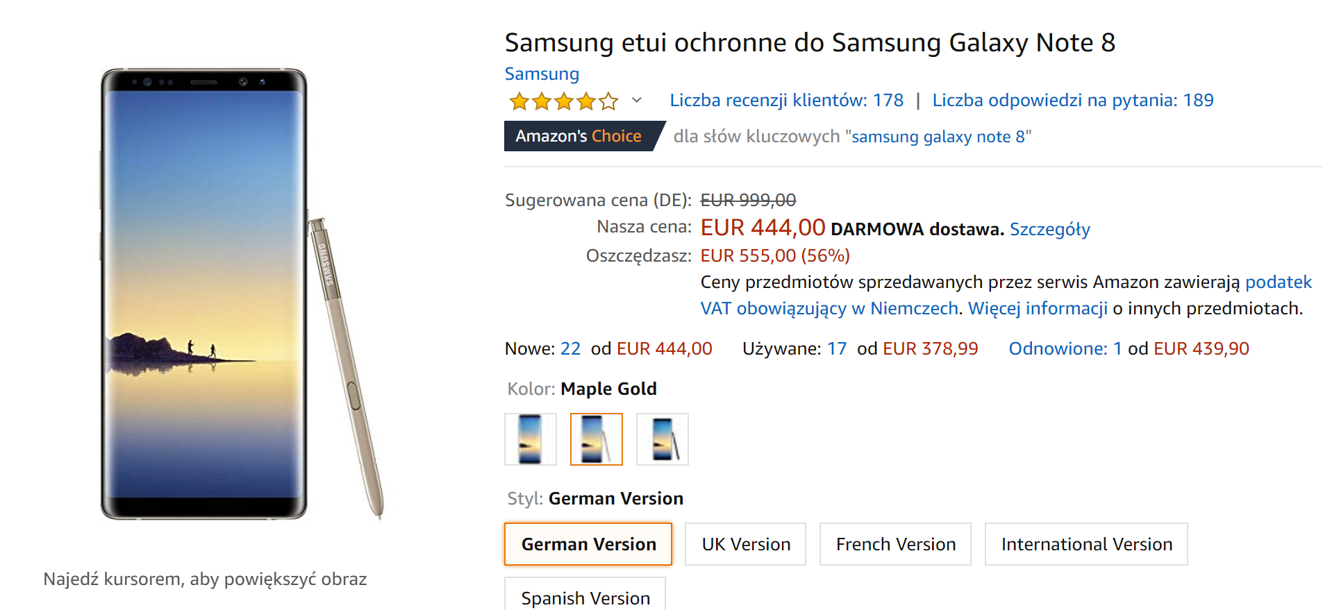 Galaxy Note 8 na Amazon.de